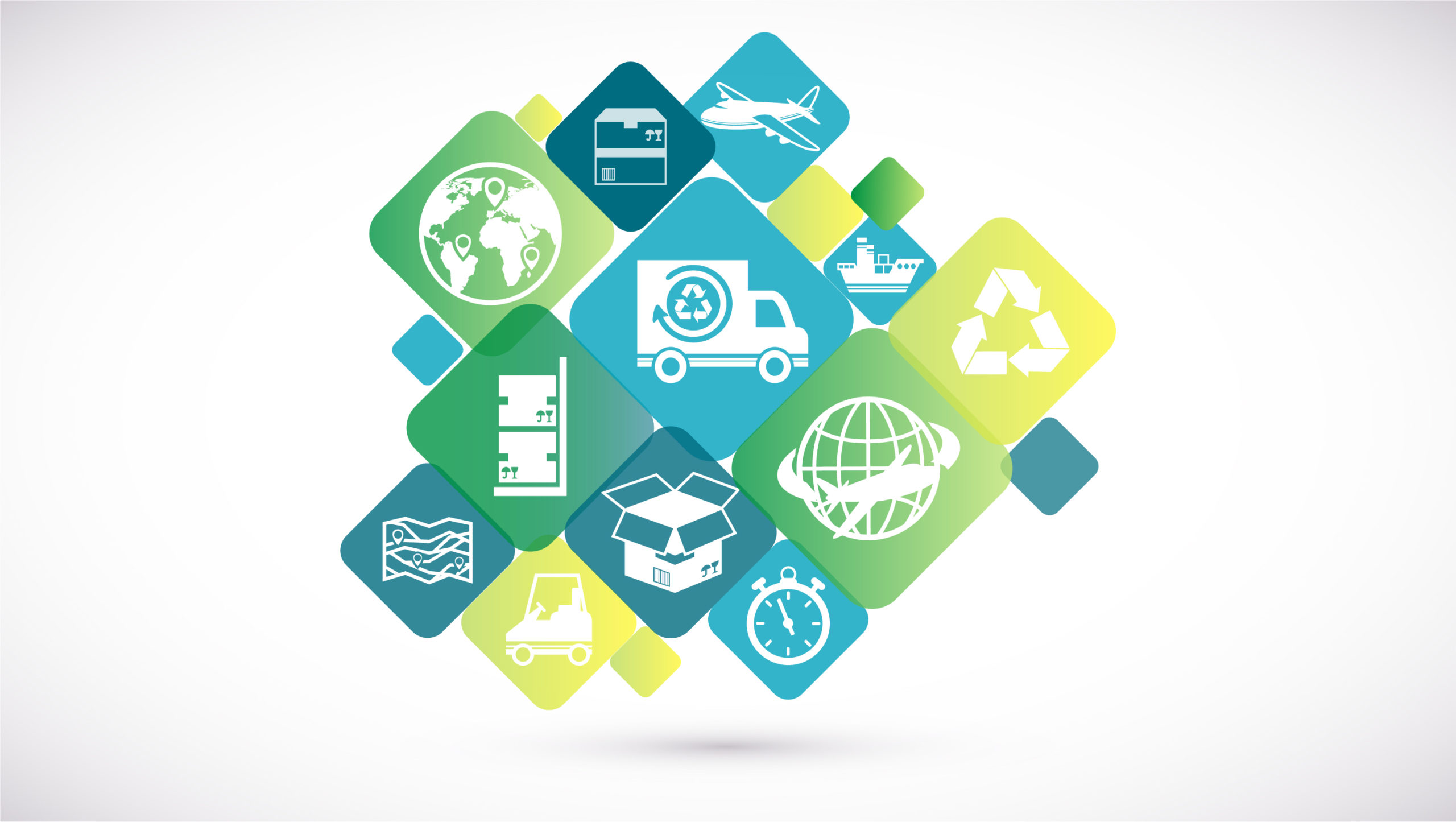 Formas geométricas com imagens de meios de transporte e atores da logística reversa.